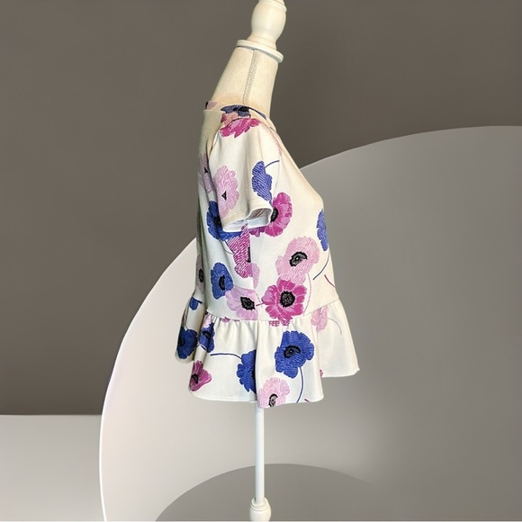 Elle White Purple / Blue Floral Jacquard Short Sleeve Peplum Blouse Size Small - Picture 6 of 8